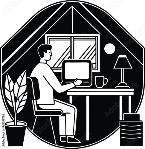 Black and white, minimalist, home office, workspace vector illustration