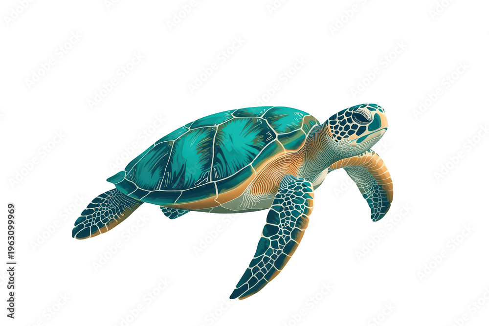 Fototapeta premium Sea turtle swimming with green and turquoise shell, endangered marine life illustration on transparent background