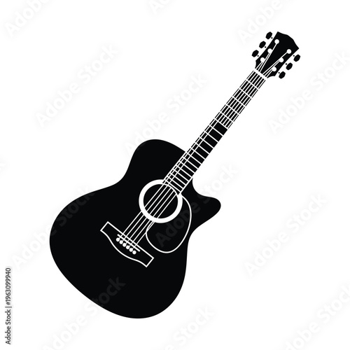 Black silhouette of an acoustic guitar with a cutaway body and six strings, depicted as a musical instrument graphic on a white background.