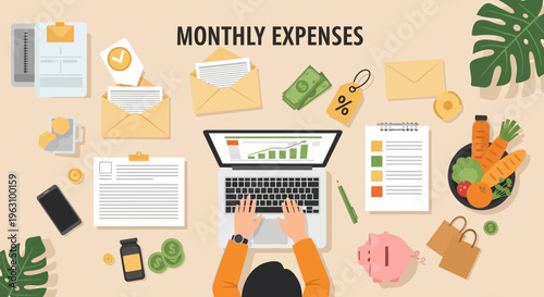 Person working on laptop with expenses.