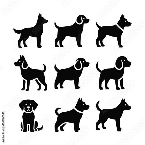 Collection of black silhouette dog icons in various poses and breeds, depicting different canine shapes and stances.