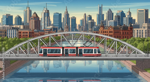 Red Train on Metal Bridge Crossing.