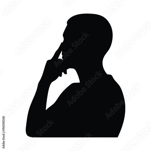 Black silhouette of a person in profile touching their nose, isolated on a white background.
