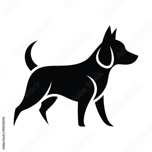 Black silhouette of a standing dog with pointed ears and a curved tail, minimalist design.
