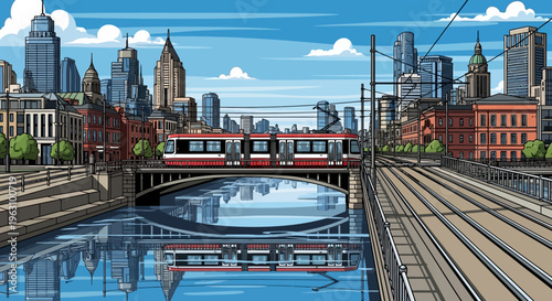 Train Tracks Along City Waterway Bridge.