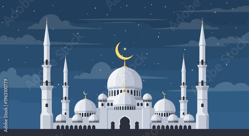 White mosque with minarets and domes.