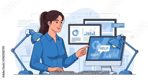 Woman in blue shirt using computer.