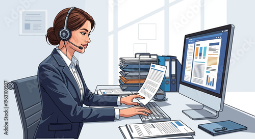 Woman Wearing Headset at Desk Typing.