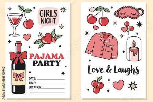 Pajama Party Invitation Girls Night Romantic Sleepover, Illustration Cartoon Collection