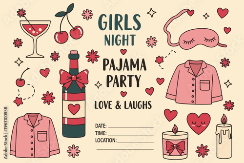 Pajama Party Invitation Girls Night Romantic Sleepover, Illustration Cartoon Collection