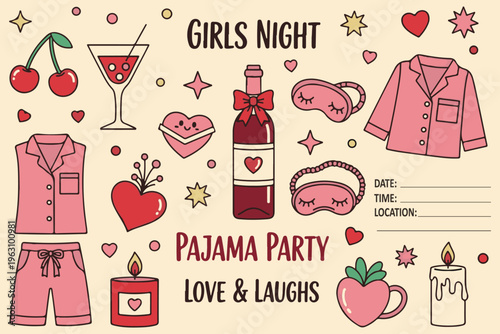 Pajama Party Invitation Girls Night Romantic Sleepover, Illustration Cartoon Collection