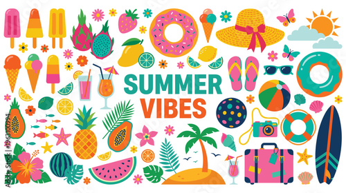 Summer vibes collection with tropical fruits beach icons and snacks.