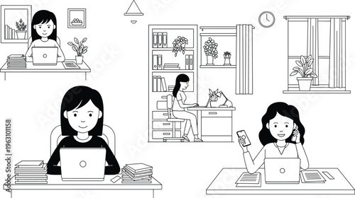 Set of women working on laptops in home office environments with desk plants and bookshelves for remote work