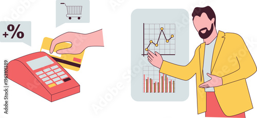 A man analyzing financial data while a hand processes a card payment with profit percentage symbol nearby