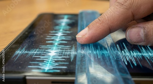 Analyzing audio waveforms on a tablet with a finger pointing at the screen in a tech-focused setting