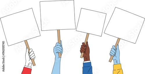 Diverse hands holding blank protest signs and placards vector illustration for social justice activism demonstration and community message design