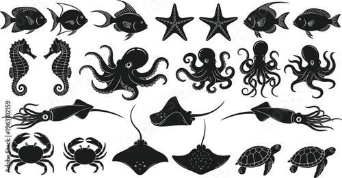 Large collection of sea animal silhouettes including octopus fish crab turtle and stingray for marine life vector designs