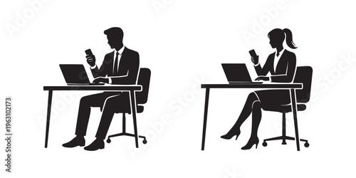 Business people multitasking with laptop and smartphone, remote work and productivity concept silhouette