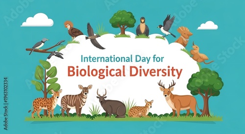 A colorful illustration celebrating International Day for Biological Diversity with various animals and plants