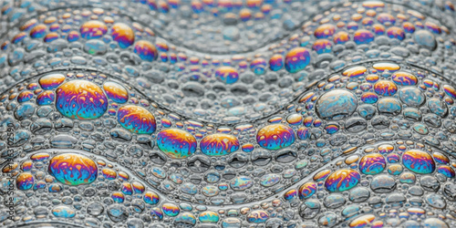 A mesmerizing close-up of a soap bubble film showcasing iridescent colors and a fascinating wavy pattern of interconnected bubbles.