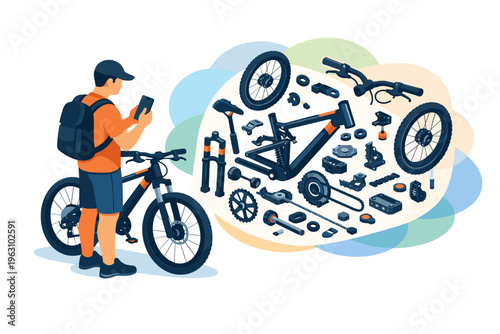 Man with Bicycle and Exploded View of Parts.