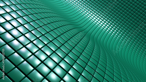 Abstract background, green squares pattern surface, metallic shiny 3D technology background.