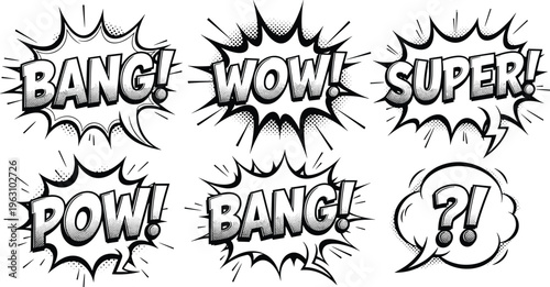 Vintage comic book speech bubbles set with halftone dots featuring bang wow super and pow sound effects for pop art and manga design