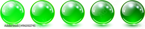 Green glass balls set, 3D shiny spheres collection.
