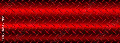 Red banner with diamond plate pattern, shiny steel metal sheet texture industrial background.
