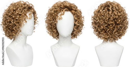 A short voluminous curly blonde wig displayed on three white mannequin busts showing front side and back views of the hairstyle curly hair blonde hair short hair beauty fashion