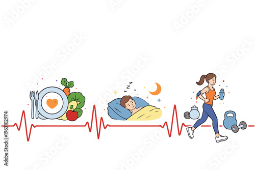 showcasing balanced lifestyle with healthy eating, sleeping well, and regular exercise for better heart health Vector