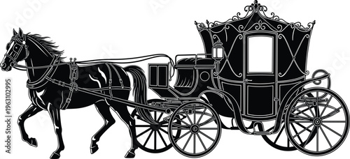Vintage horse carriage silhouette classic royal coach transport antique vehicle elegant wedding carriage black white vector illustration design