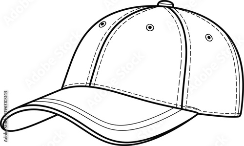 Classic baseball cap vector outline illustration featuring a side view of a modern sports hat for apparel design and headwear branding