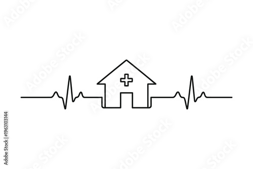 a simple drawing of a house with a cross symbol inside, flanked by heartbeat lines on both sides Vector