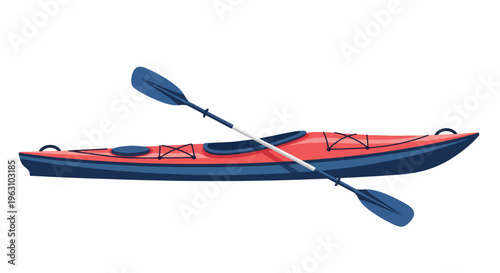 Red kayak with blue trim and paddles on top for water sports enthusiasts to enjoy a peaceful ride