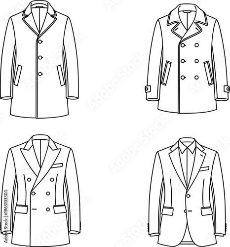 Men’s formal coat and suit jacket vector outline set featuring classic overcoat trench coat and double breasted blazer for professional apparel design