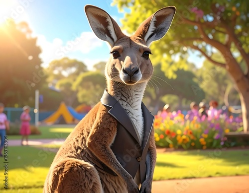 A kangaroo in a suit standing in a park