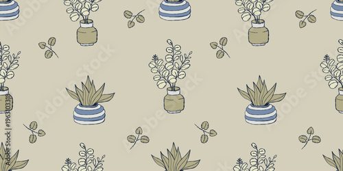 Seamless Pattern with Plant in Pot and Eucalyptus Branches in Vase on Light Background. Minimalist Botanical Home Jungle Decor Template Hand Drawing Doodle. Horizontal Vector Illustration.