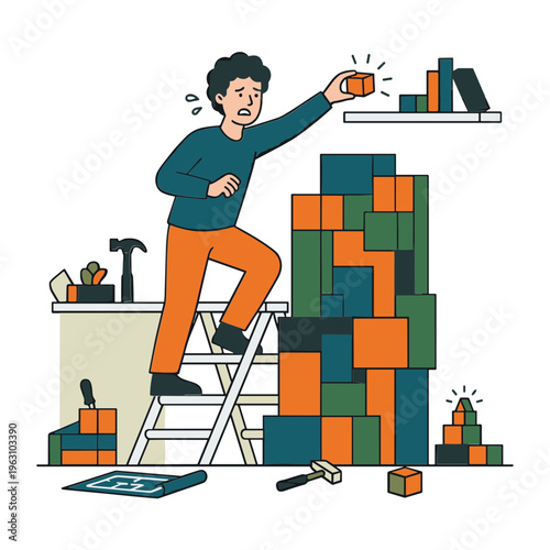A man is stacking blocks on a ladder in an office setting.