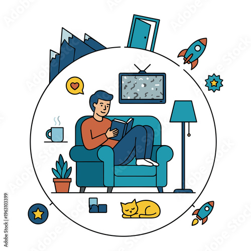 Man sitting on sofa reading book surrounded by lamp plant and cat indoors