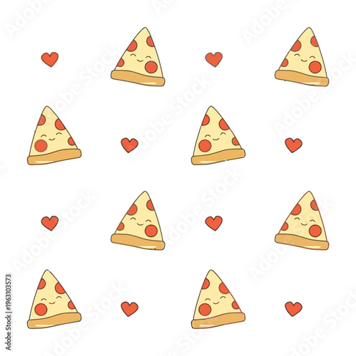 Cute Smiling Pizza Slices with Hearts Vector Illustration