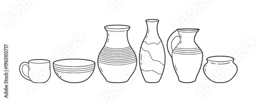 Kitchenware Vector Illustration of Pots and Vases Line Art
