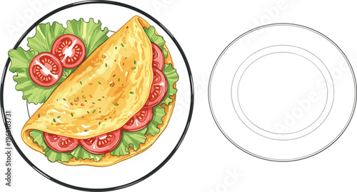 Delicious folded egg omelet with fresh tomatoes and green lettuce served on a plate in hand drawn vector style