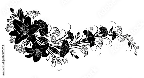 Elegant Black and White Floral Arrangement with Delicate Lilies and Foliage.
