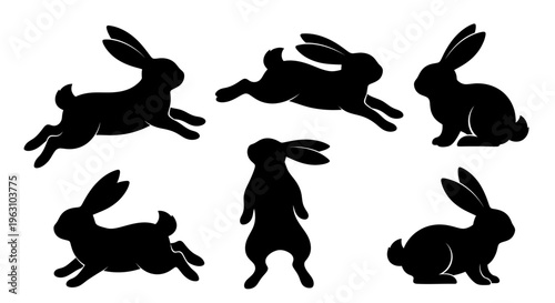 Collection of black rabbit silhouettes in various dynamic poses.