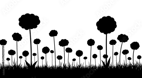 Silhouette of various flowers and grass on a white background.