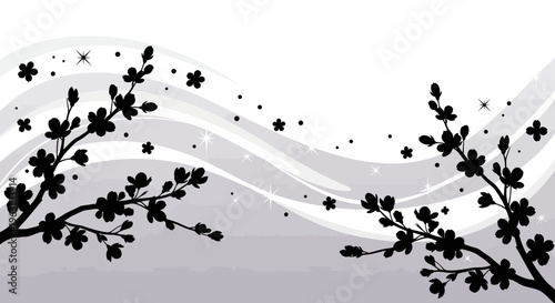 Elegant black cherry blossom branches with delicate flowers.