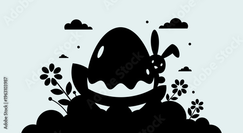 Easter egg with bunny silhouette in a field of flowers.