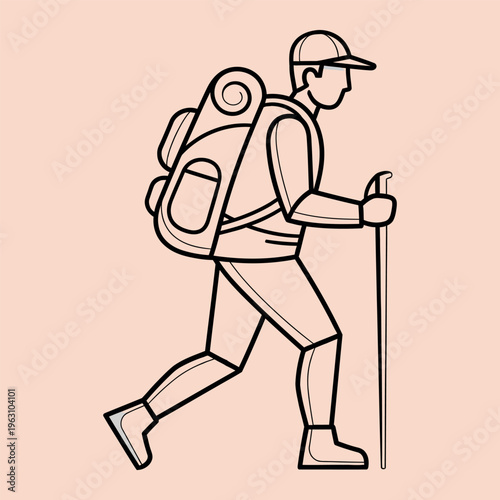 Hiker walking with backpack and trekking pole hiking