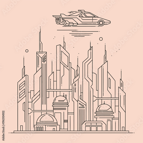 Futuristic cityscape with sleek car flying above flying car minimal line peach background